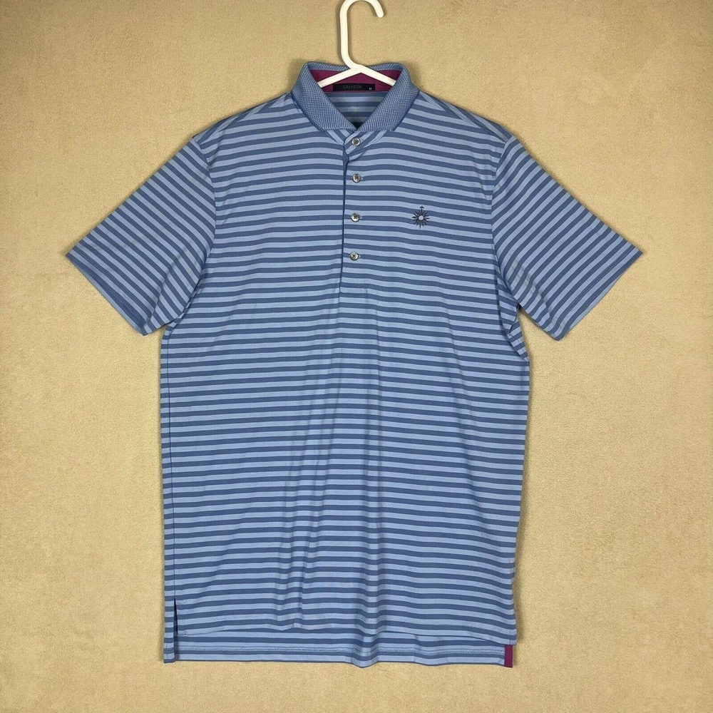 Greyson Polo Shirt Adult Medium Blue Striped Golf Rugby Preppy Short Sleeve Mens